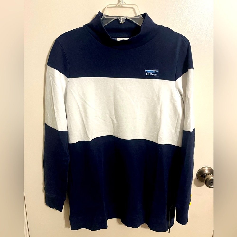 L.L. Bean Mock Neck Long Sleeve Pullover Sweater Sz-Small Blue White Colorblock